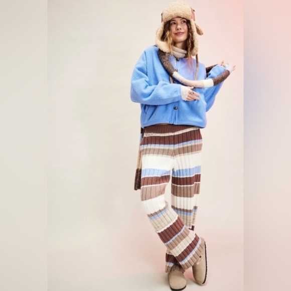 Free People Pants - Free People Striped Knit Wide-Leg Pants in Brown, Blue, Cream